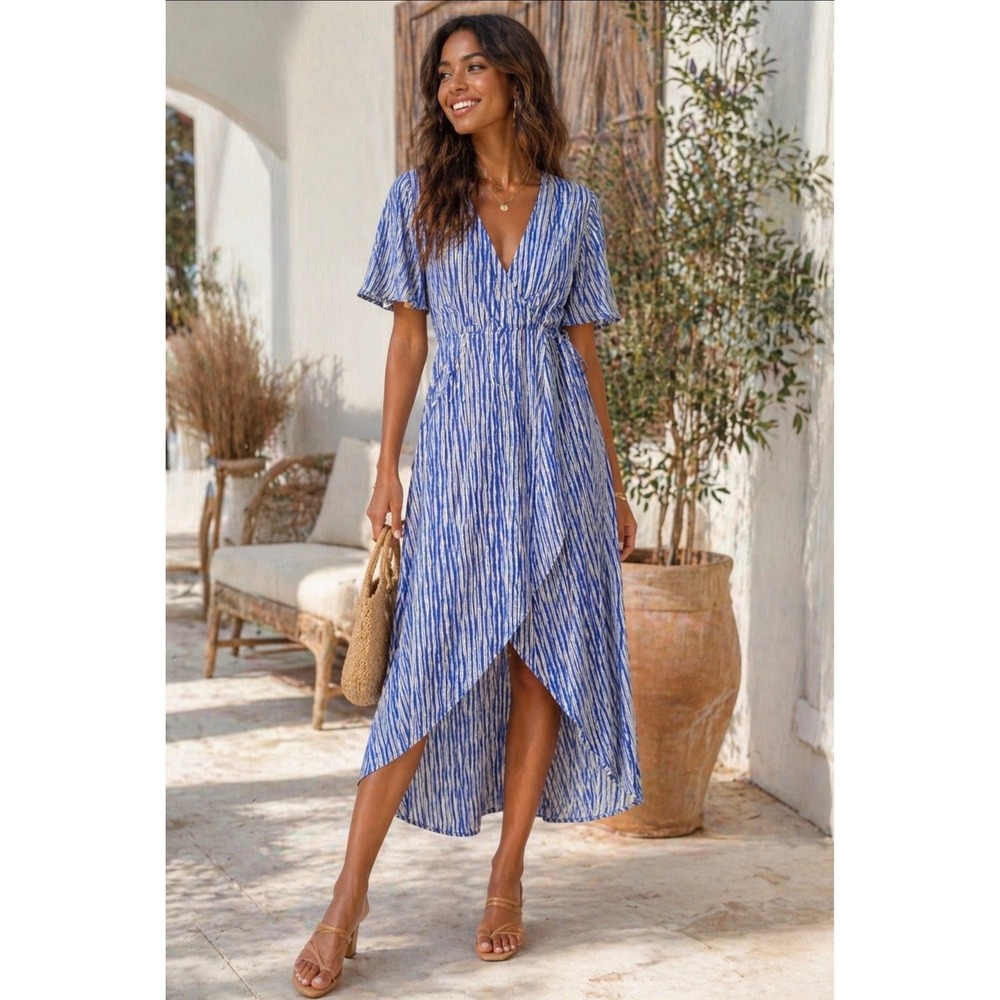 Veronica M Blue White Striped Wrap Midi Dress Flutter Sleeve High Low Hem medium